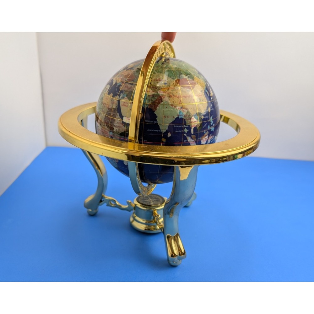 Inlaid Semi-Precious Gemstones In Lapis Lazuli World Globe With Compass 9" Tall